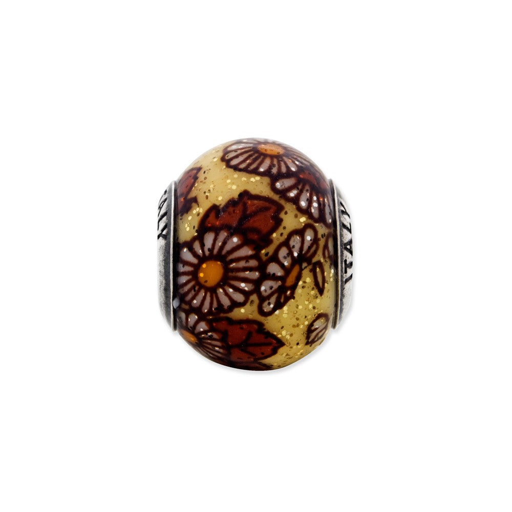 Alternate view of the Yellow Floral Overlay Italian Glitter Glass Sterling Silver Bead Charm by The Black Bow Jewelry Co.