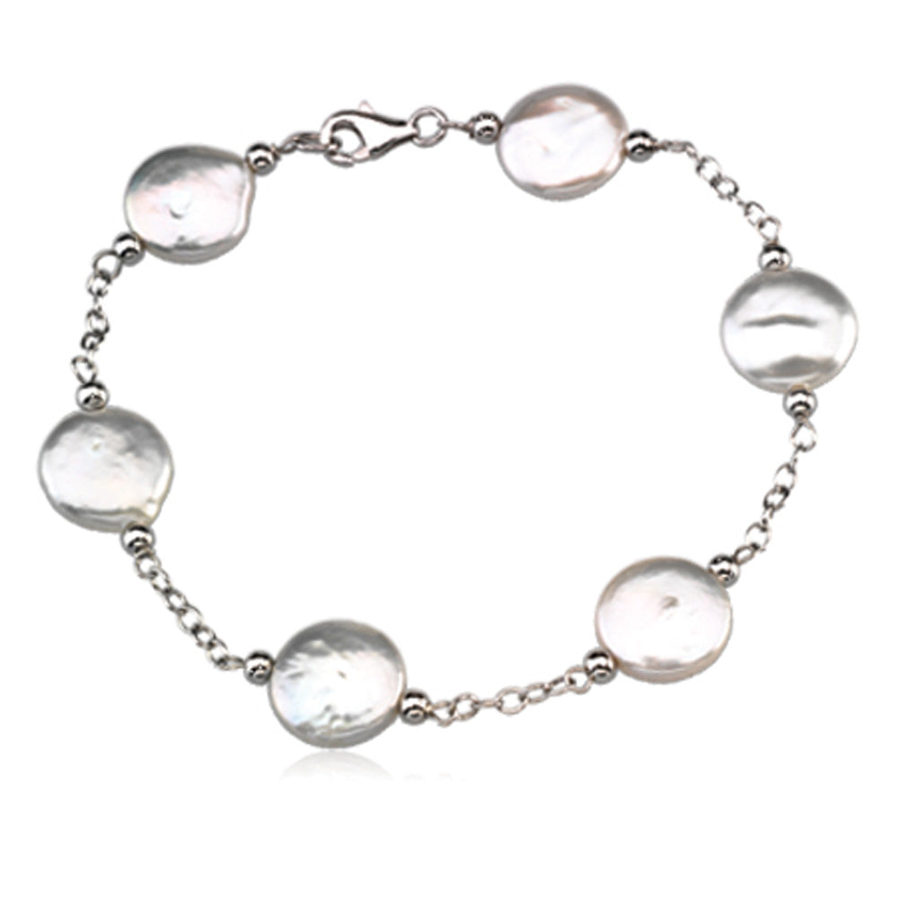 White FW Cultured White Coin Pearl &amp; Sterling Silver 7.5 Inch Bracelet, Item B8085 by The Black Bow Jewelry Co.