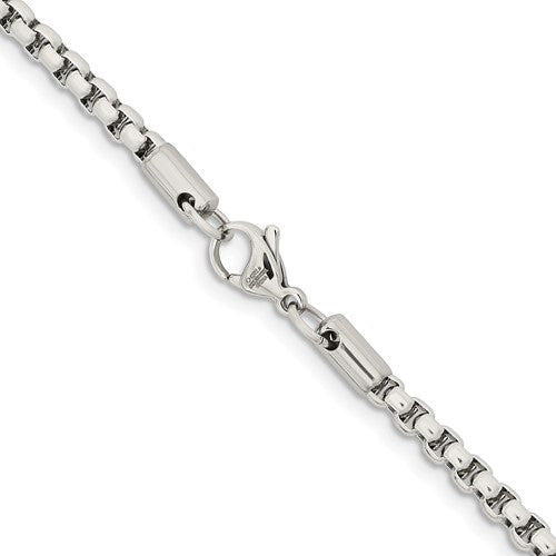 Alternate view of the 4mm Stainless Steel Polished Round Box Chain Necklace by The Black Bow Jewelry Co.