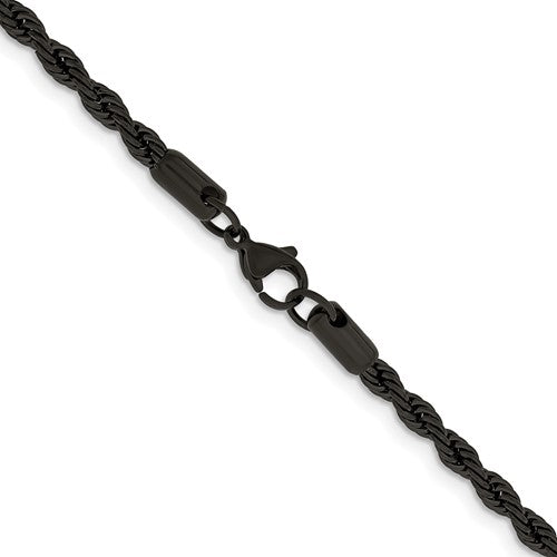 Alternate view of the Men&#39;s 4mm Black-plated Stainless Steel Rope Chain Necklace by The Black Bow Jewelry Co.