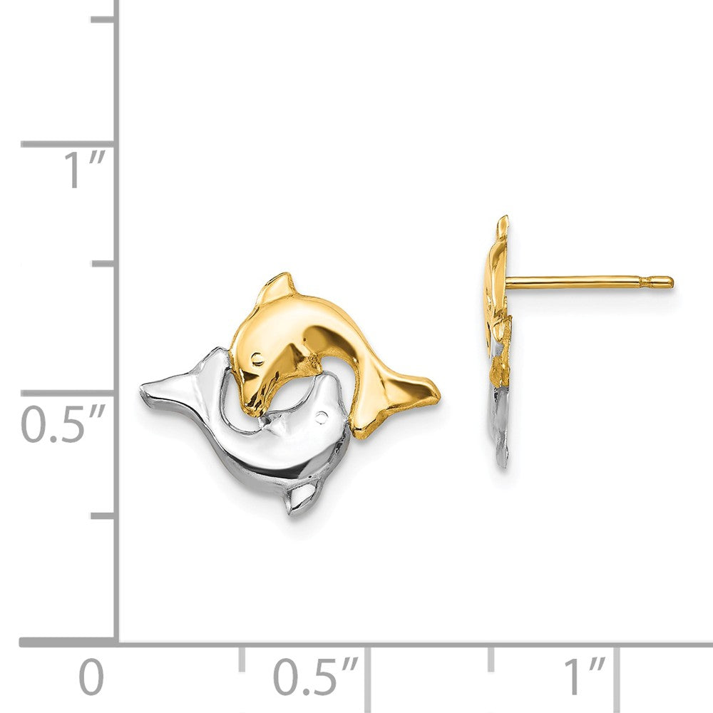Alternate view of the Two-Tone Frolicking Dolphins Post Earrings in 14k Gold and Rhodium by The Black Bow Jewelry Co.
