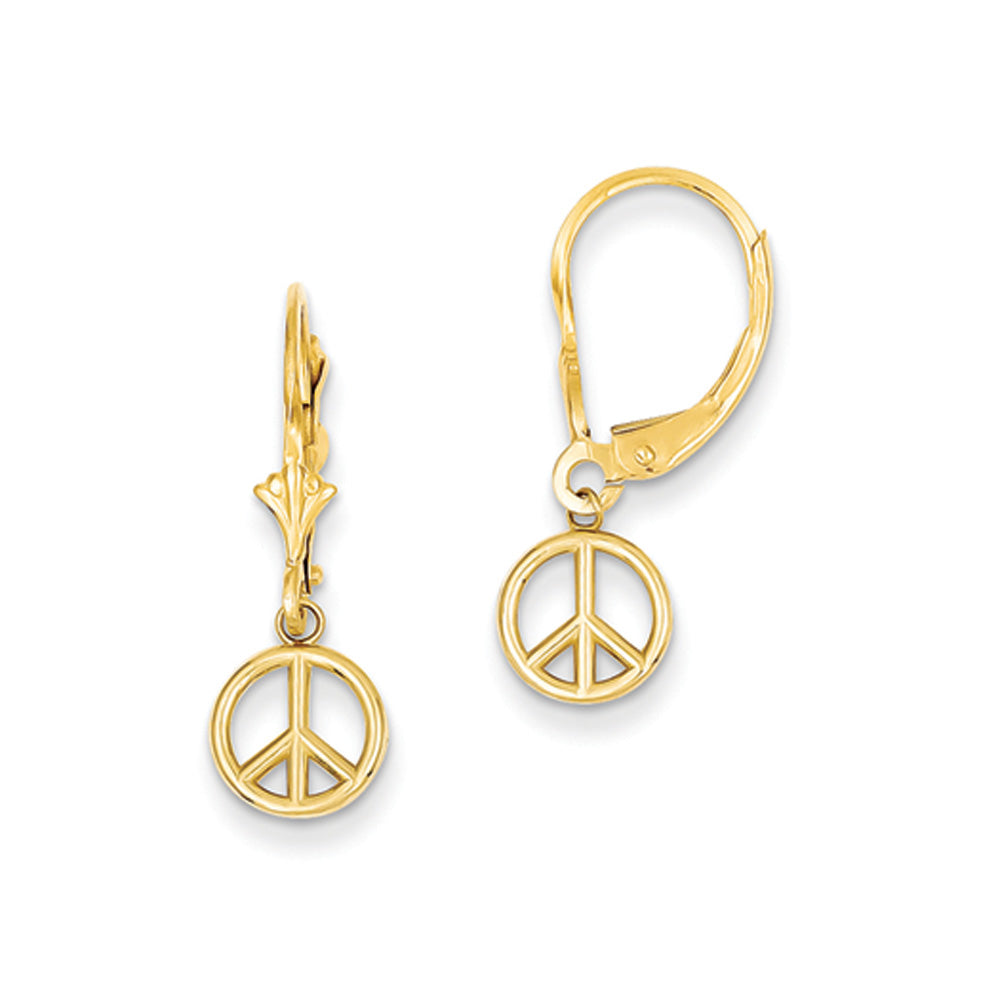 8mm 3D Peace Sign Lever Back Earrings in 14k Yellow Gold, Item E10656 by The Black Bow Jewelry Co.