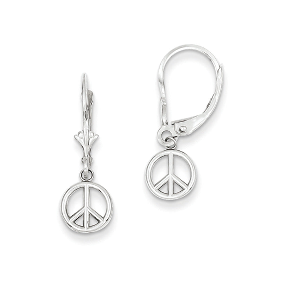 8mm 3D Peace Sign Lever Back Earrings in 14k White Gold, Item E10657 by The Black Bow Jewelry Co.