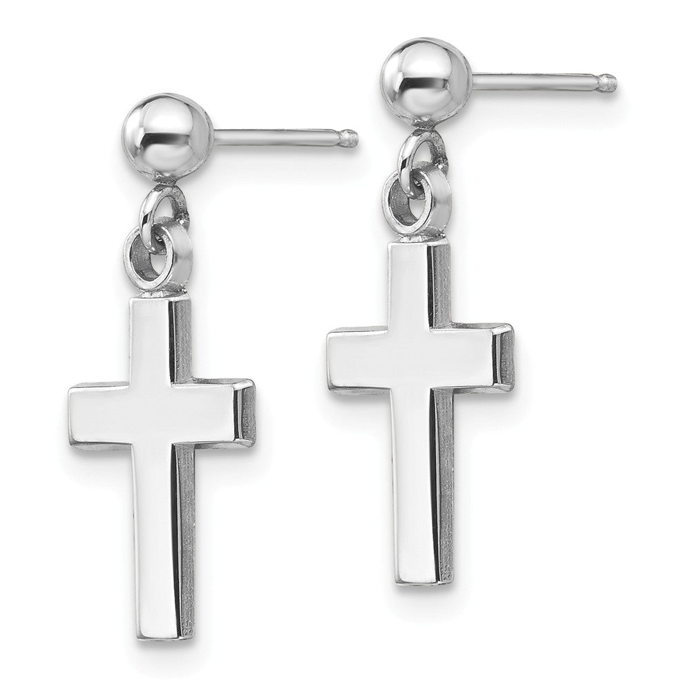 Alternate view of the Small Polished Latin Cross Dangle Post Earrings in 14k White Gold by The Black Bow Jewelry Co.