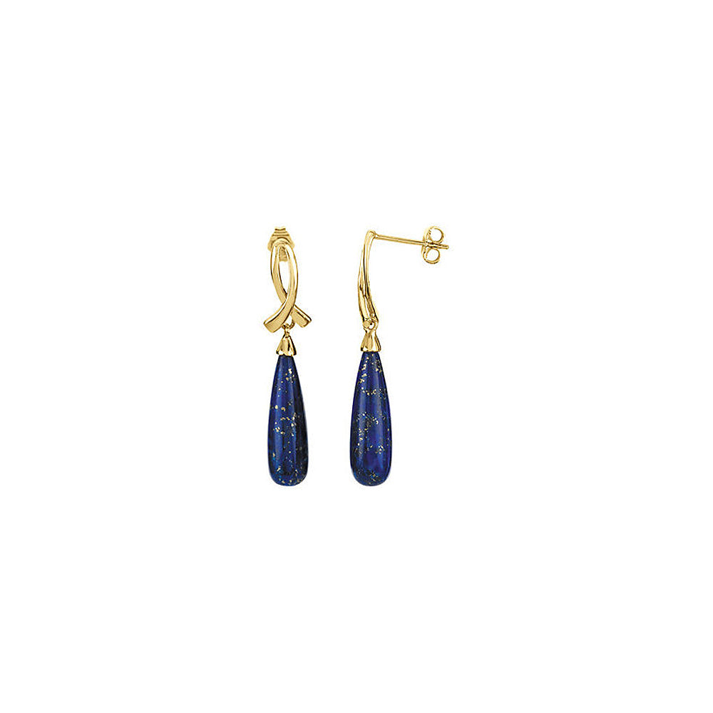 14k Yellow Gold Awareness Ribbon & Lapis Teardrop Dangle Post Earrings, Item E11738 by The Black Bow Jewelry Co.