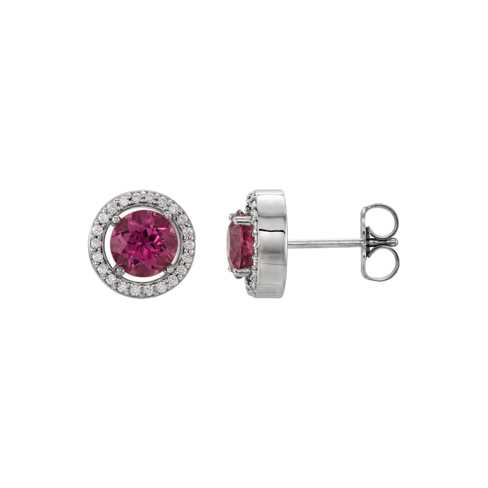 8mm Halo Style Pink Tourmaline &amp; Diamond Earrings in 14k White Gold, Item E11927 by The Black Bow Jewelry Co.
