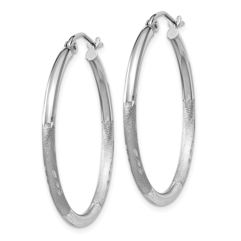 Alternate view of the 2mm x 30mm 14k White Gold Satin &amp; Diamond-Cut Round Hoop Earrings by The Black Bow Jewelry Co.