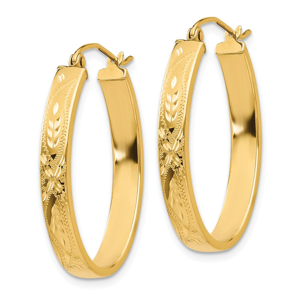 Alternate view of the 4mm x 30mm 14k Yellow Gold Satin &amp; Diamond-Cut Oval Hoop Earrings by The Black Bow Jewelry Co.