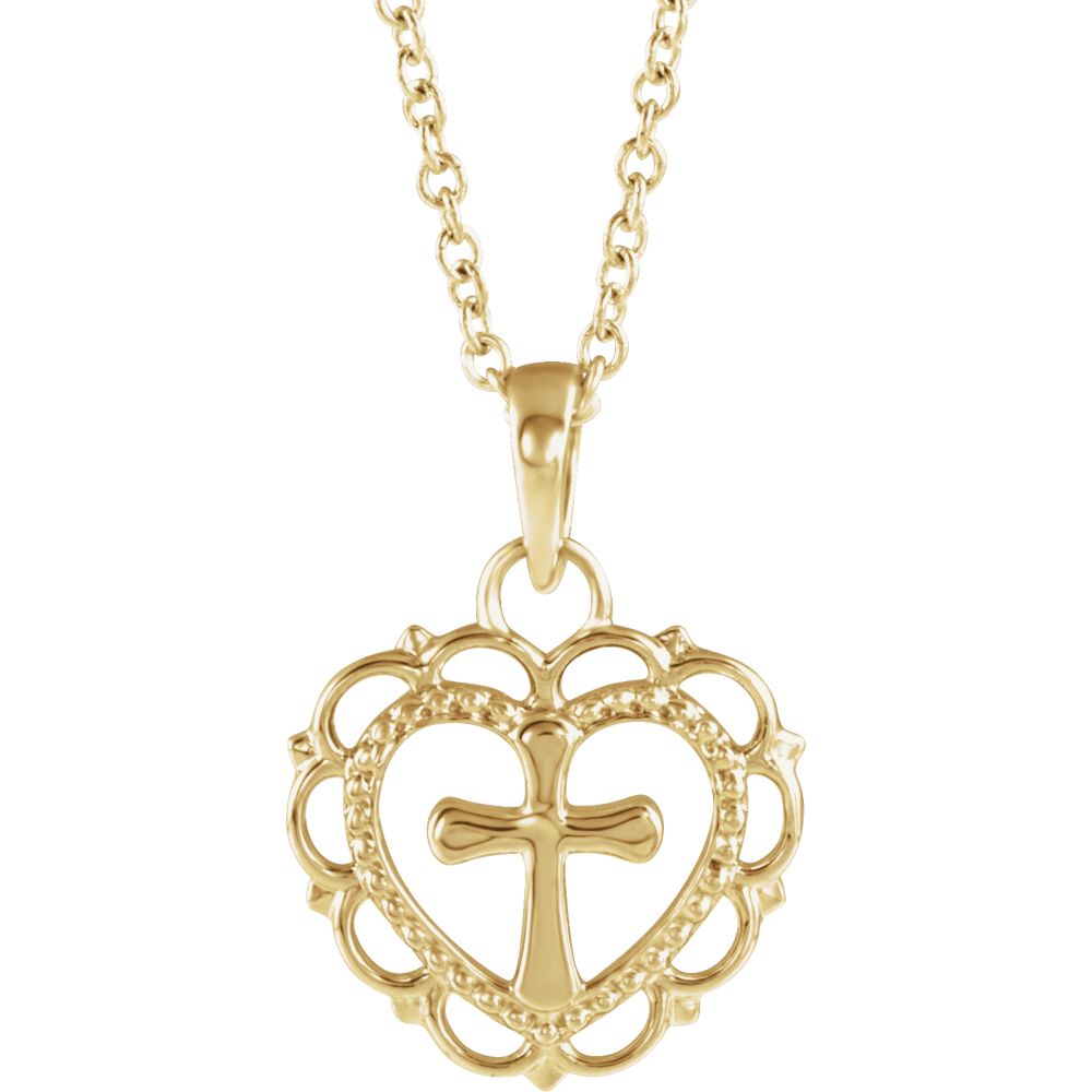 Youth 14k White or Yellow Gold Heart with Cross Necklace, 16-18 Inch, Item N14113 by The Black Bow Jewelry Co.