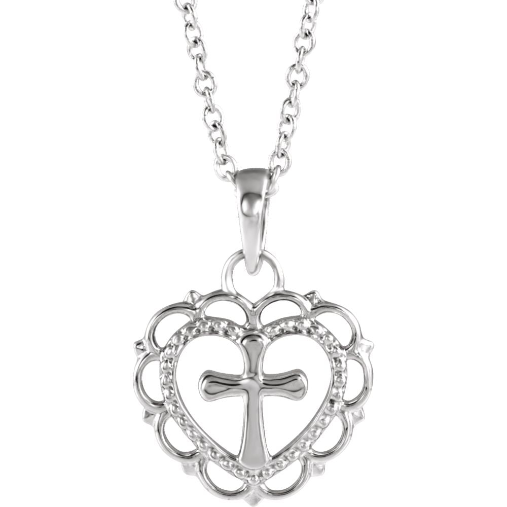 Alternate view of the Youth 14k White or Yellow Gold Heart with Cross Necklace, 16-18 Inch by The Black Bow Jewelry Co.