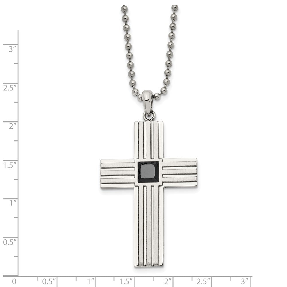 Stainless Steel & Black CZ Brushed & Polished Cross Necklace