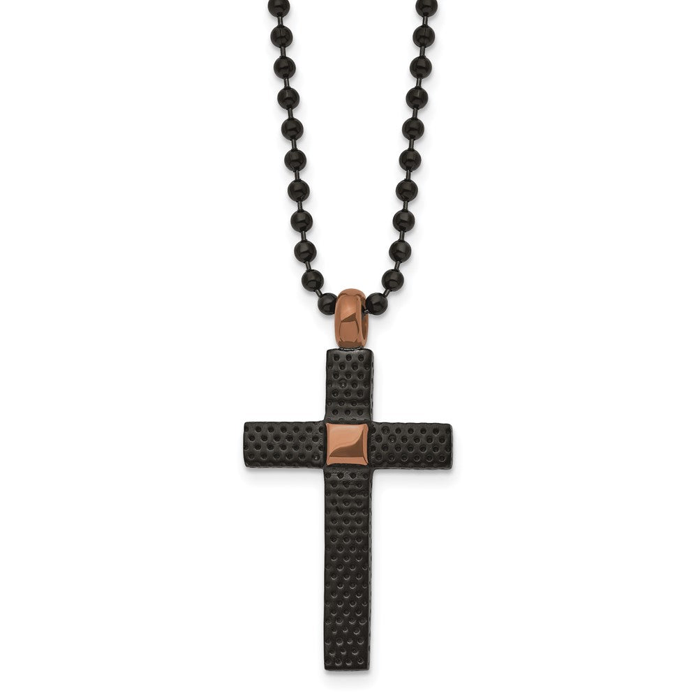 Black & Brown Plated Stainless Steel Textured Cross Necklace, 24 Inch, Item N23206 by The Black Bow Jewelry Co.