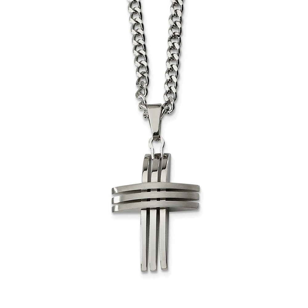 Stainless Steel Three Bar Cross and Curb Chain Necklace - 24 Inch, Item N8466 by The Black Bow Jewelry Co.