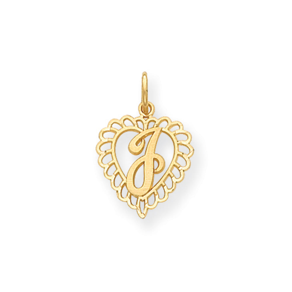 14k Yellow Gold, Grace Collection, Satin Heart Initial J Pendant, 15mm, Item P10425-J by The Black Bow Jewelry Co.