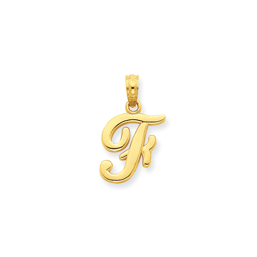 14k Yellow Gold, Mimi Collection, Small Script Initial F Pendant, Item P10427-F by The Black Bow Jewelry Co.