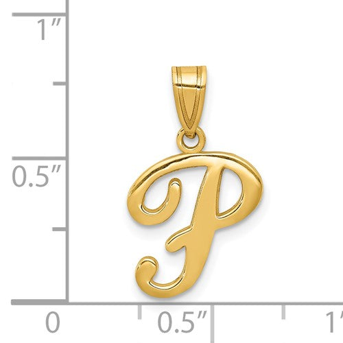 Alternate view of the 14k Yellow Gold, Mimi Collection, Small Script Initial P Pendant by The Black Bow Jewelry Co.