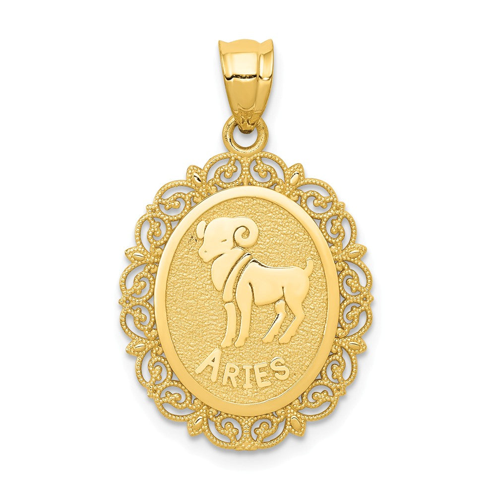 14k Yellow Gold Filigree Oval Aries the Ram Zodiac Pendant, 20mm, Item P10956 by The Black Bow Jewelry Co.