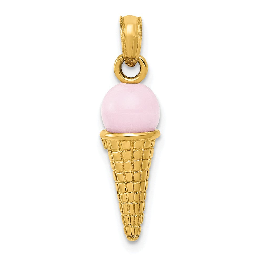 14k Yellow Gold 3D Pink Ice Cream Cone Pendant, Item P11000 by The Black Bow Jewelry Co.
