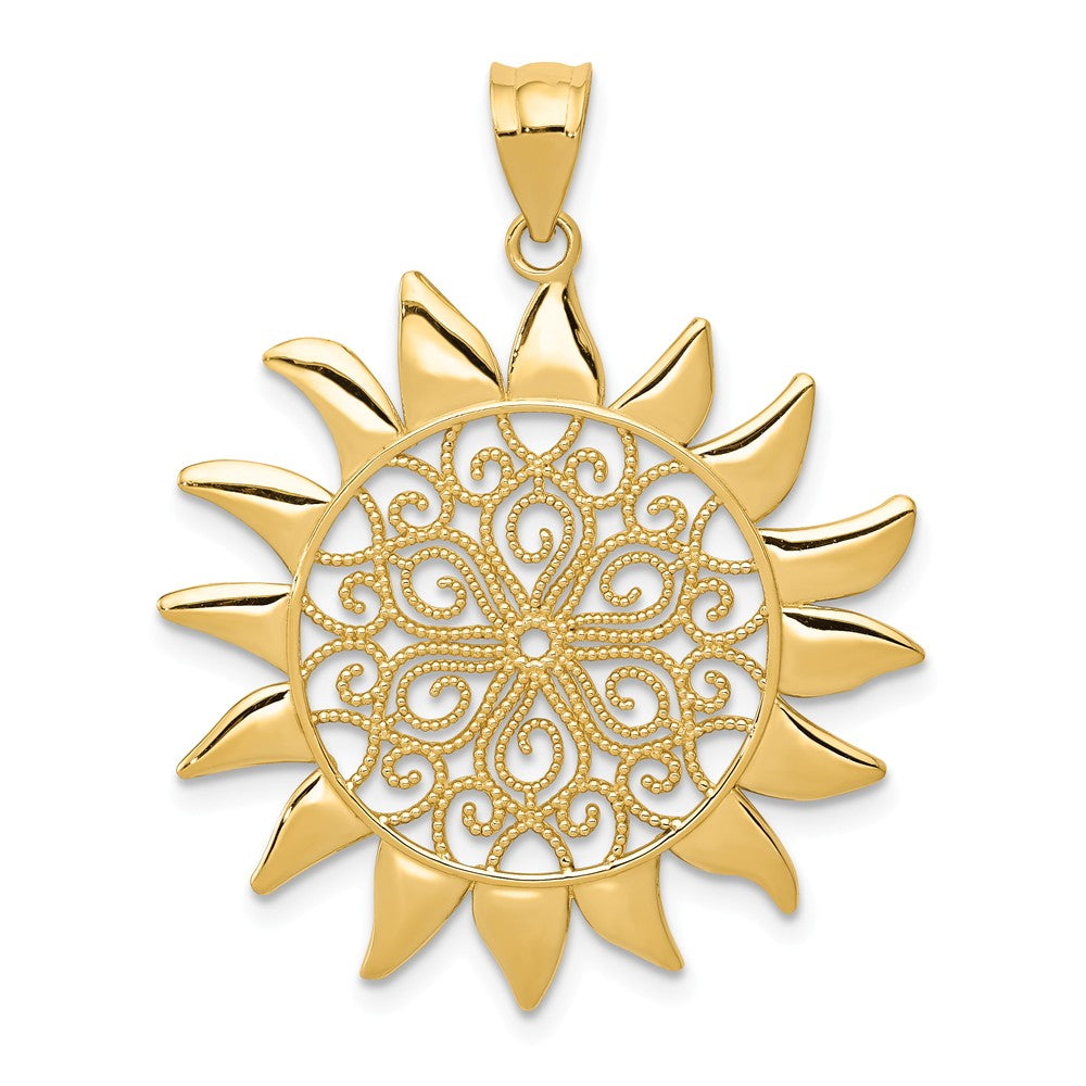 14k Yellow Gold 27mm Filigree Sun Pendant, Item P11931 by The Black Bow Jewelry Co.