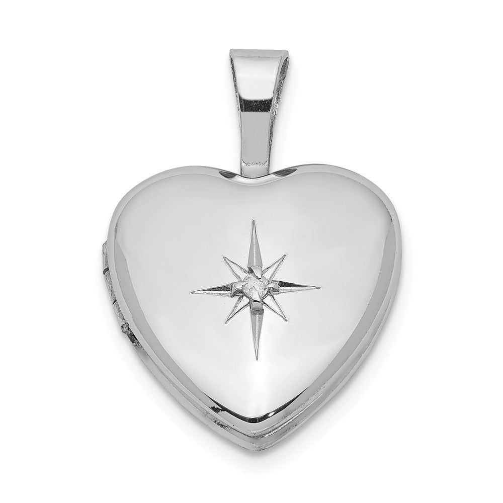 12mm Diamond Star Design Heart Shaped Locket in Sterling Silver, Item P12073 by The Black Bow Jewelry Co.