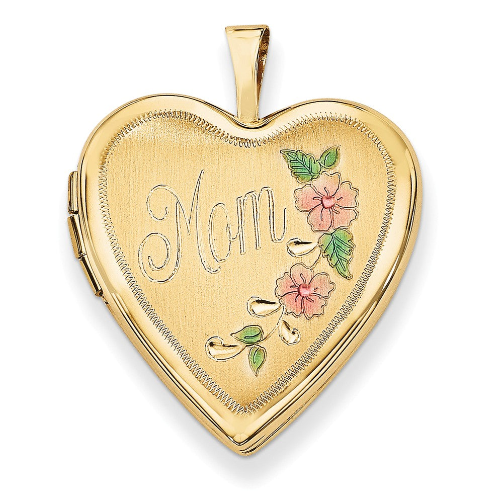 14k Yellow Gold and Enamel Mom Floral Heart Locket, 20mm, Item P12137 by The Black Bow Jewelry Co.