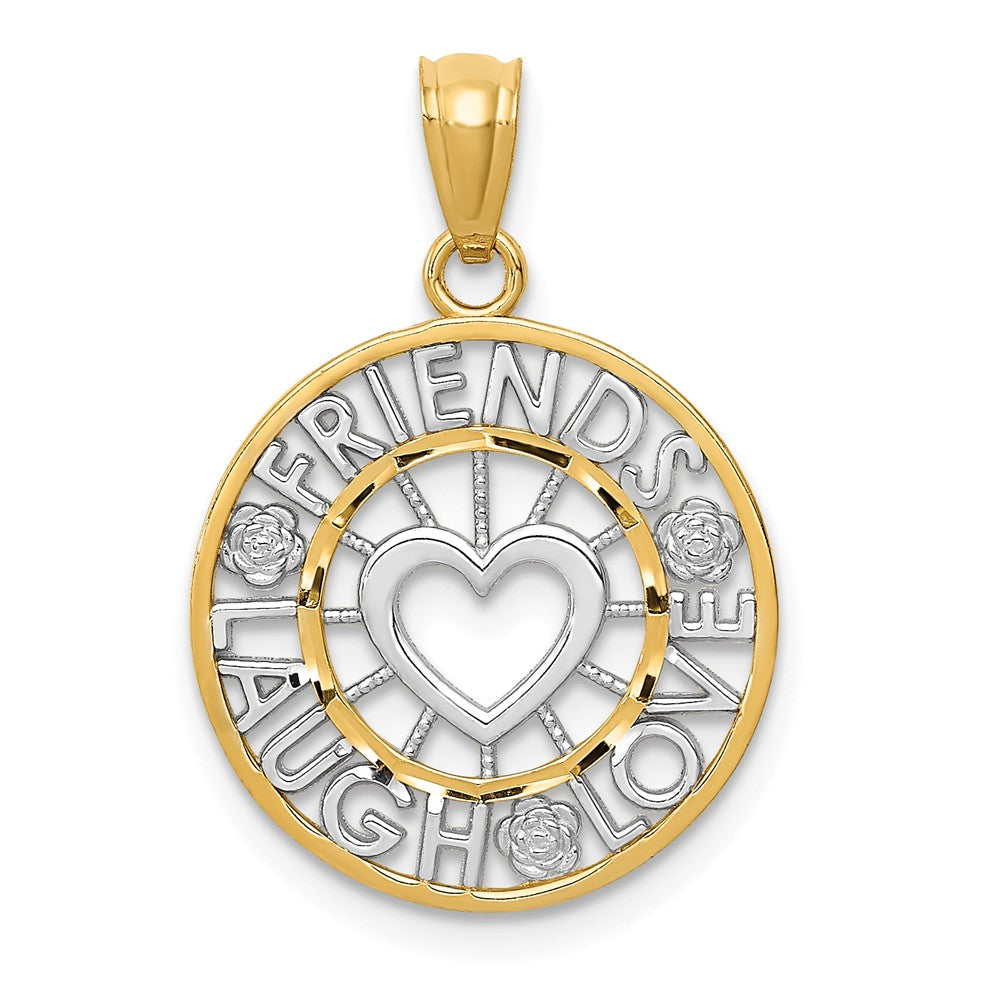 14k Yellow Gold &amp; Rhodium Friends Laugh Love Circle Pendant, 16mm, Item P25984 by The Black Bow Jewelry Co.
