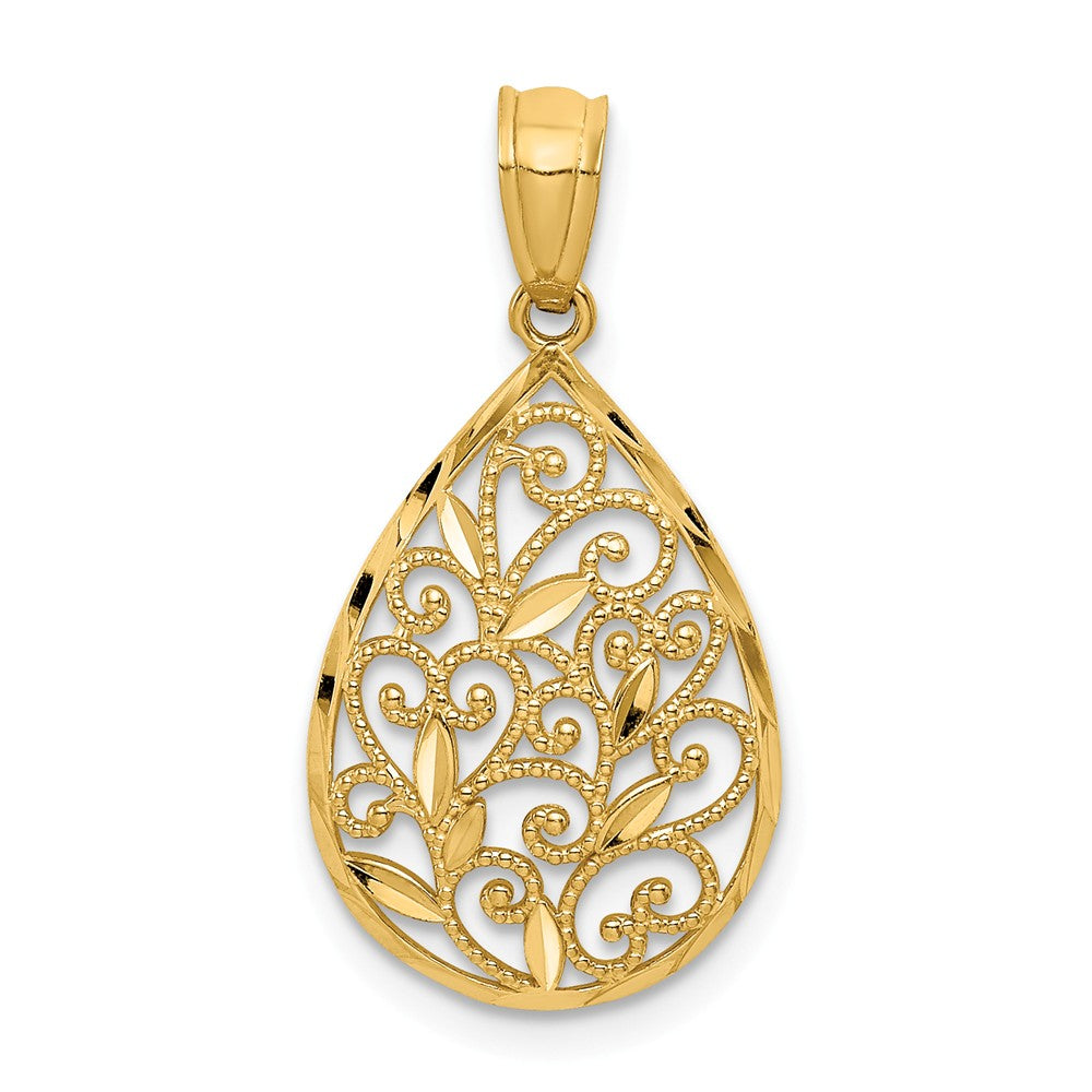 14k Yellow Gold Small Filigree Teardrop Pendant, 13mm (1/2 inch), Item P26394-14KY by The Black Bow Jewelry Co.