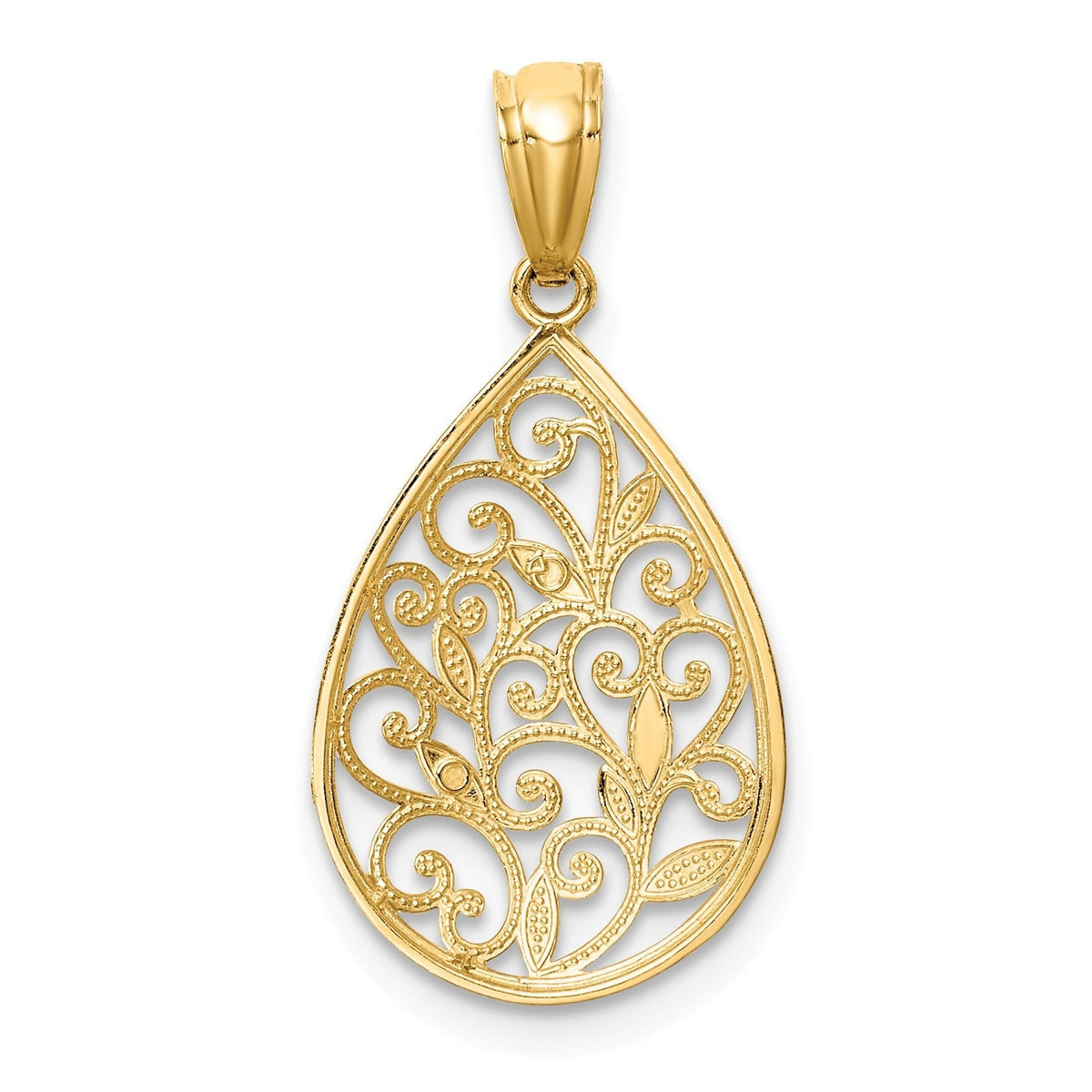 Alternate view of the 14k Yellow Gold Small Filigree Teardrop Pendant, 13mm (1/2 inch) by The Black Bow Jewelry Co.