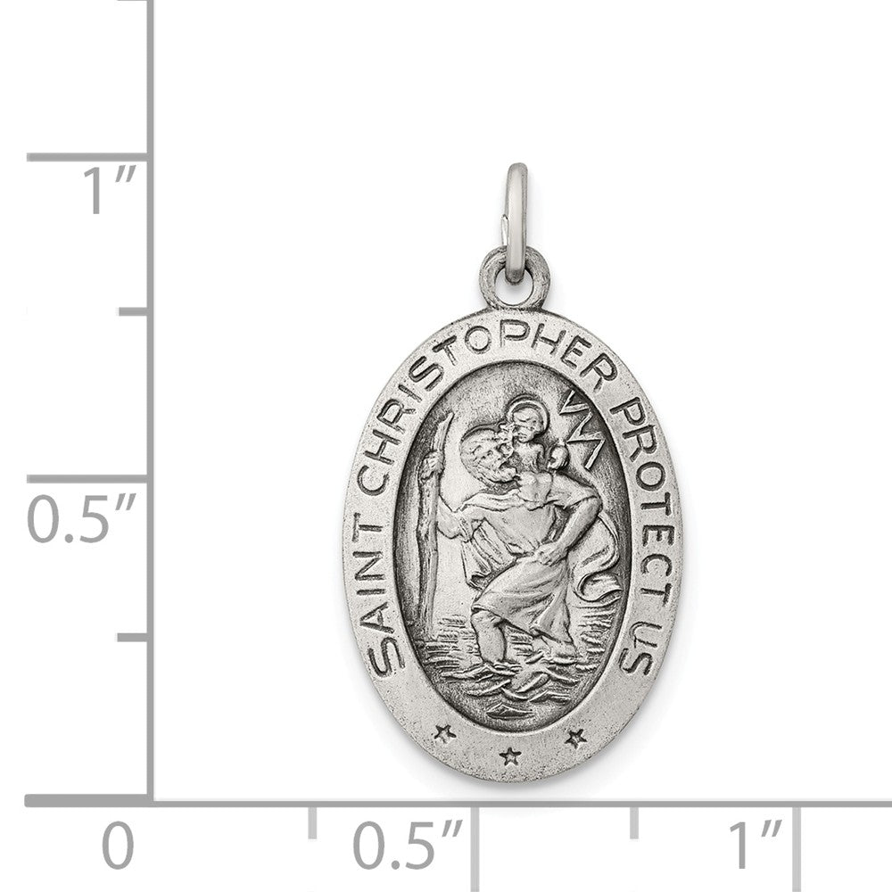Sterling Silver Satin & Antiqued Oval St. Christopher Medal, 13 x