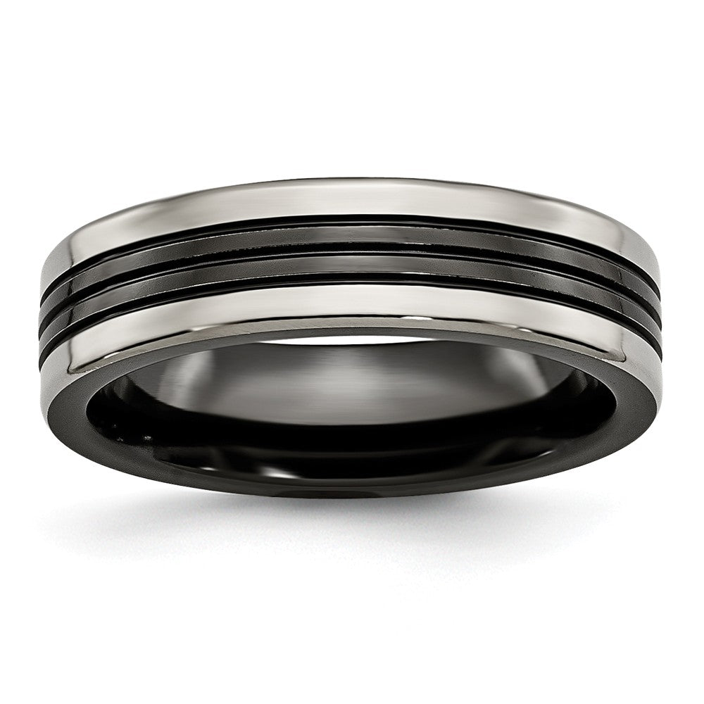 6mm Grooved and Polished Flat Band in Two-Tone Titanium, Item R10411 by The Black Bow Jewelry Co.