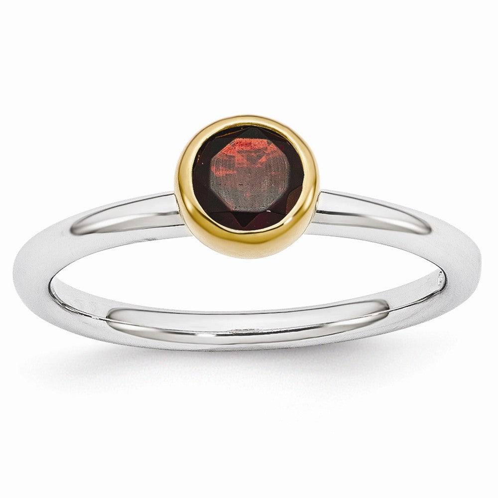 Two Tone Sterling Silver Stackable 5mm Round Garnet Ring, Item R11025 by The Black Bow Jewelry Co.