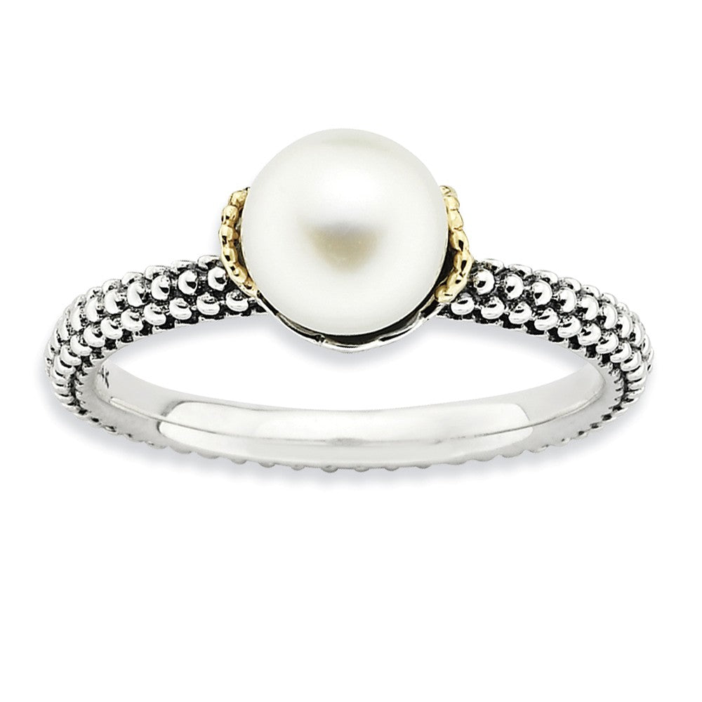 White FW Cultured Pearl, Sterling Silver &amp; 14k Gold Accent Stack Ring, Item R8809 by The Black Bow Jewelry Co.