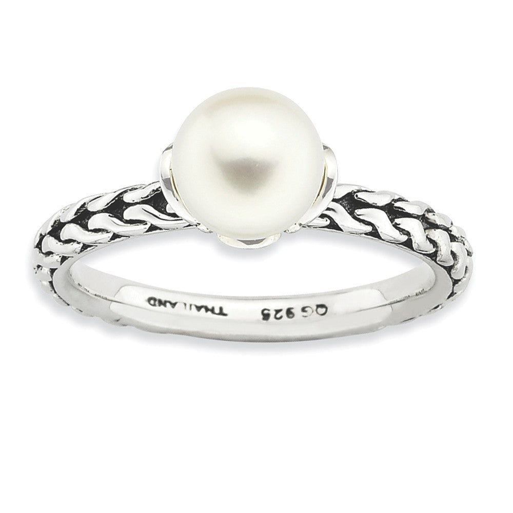 White FW Cultured Pearl &amp; Sterling Silver Stackable Ring (7.0-7.5mm), Item R8811 by The Black Bow Jewelry Co.