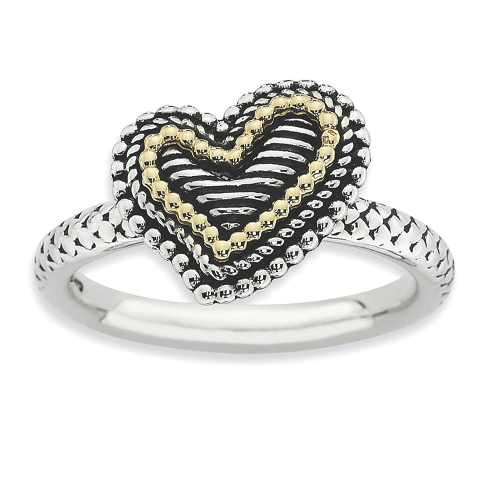 2.5mm Stackable Antiqued Sterling Silver &amp; 14K Gold Plated Heart Ring, Item R9201 by The Black Bow Jewelry Co.