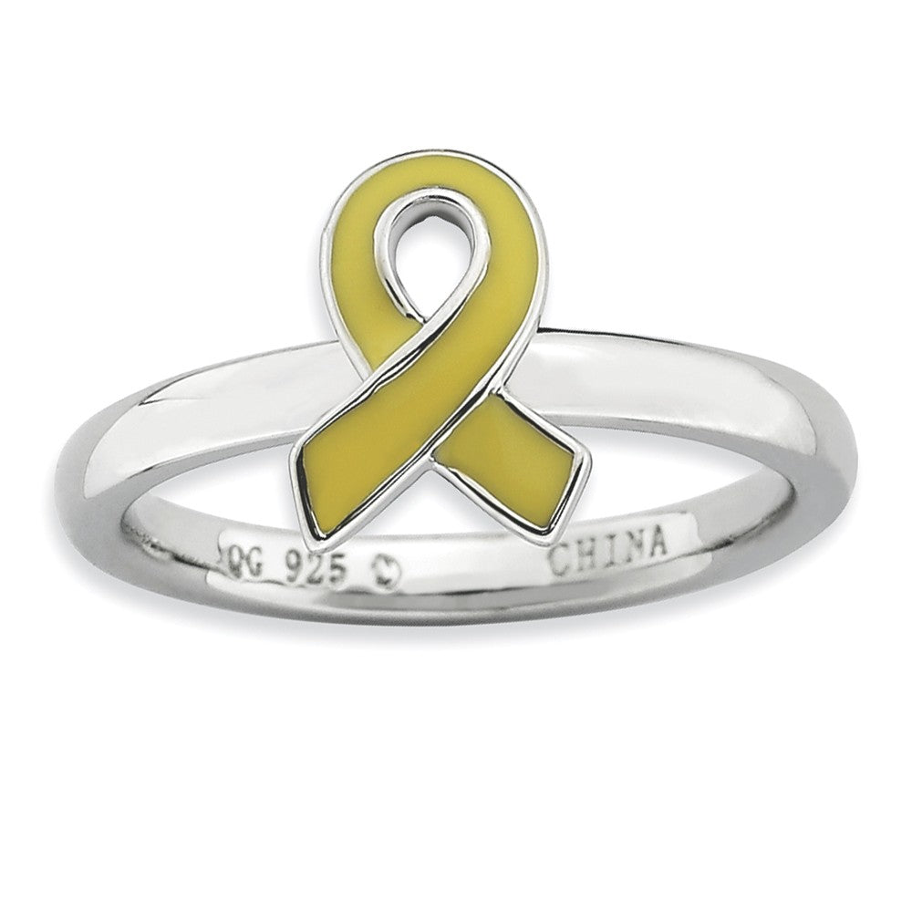 Silver Stackable Yellow Enamel Awareness Ribbon Ring, Item R9237 by The Black Bow Jewelry Co.