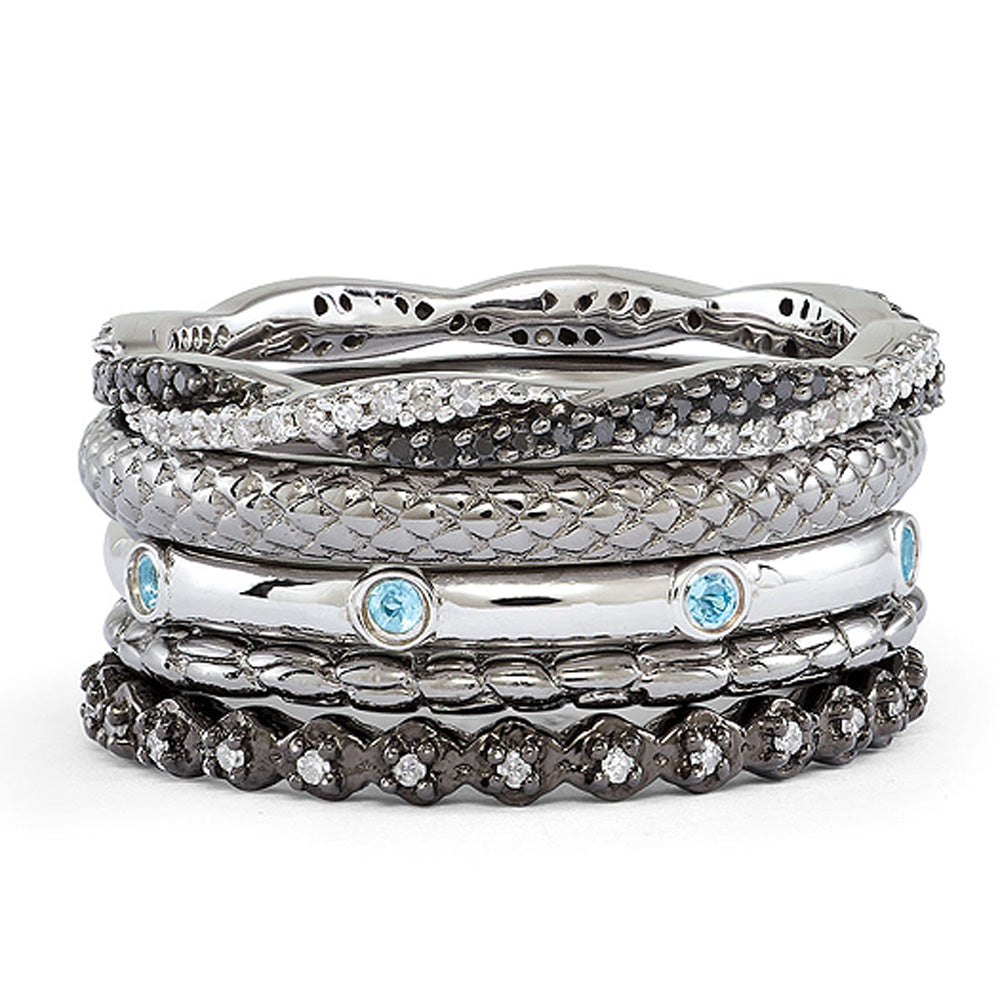 Two Tone Sterling Silver, Diamond &amp; Blue Topaz Band Stackable Ring Set, Item R9626 by The Black Bow Jewelry Co.