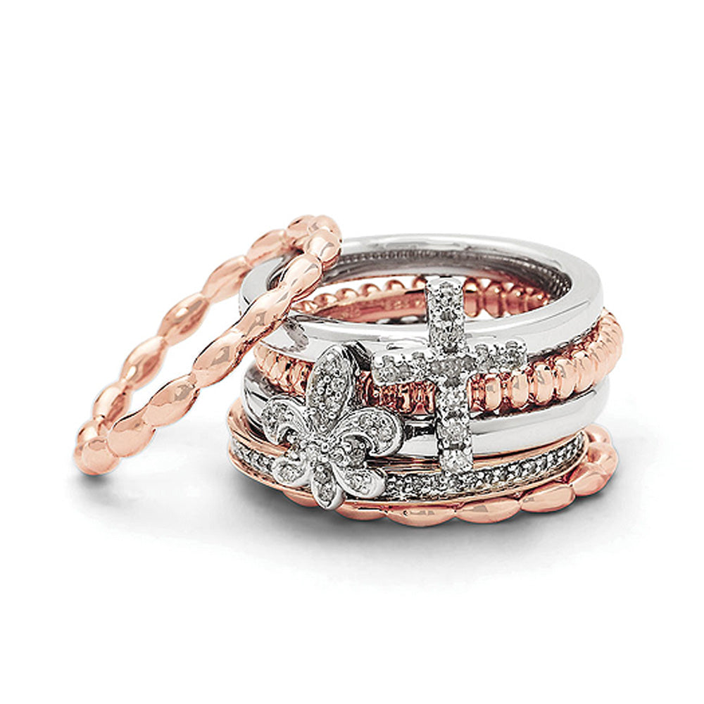 Sterling Silver &amp; 14K Rose Gold Plated, Diamond Faith Stack Ring Set, Item R9629 by The Black Bow Jewelry Co.