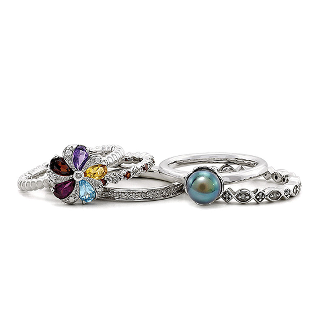 Sterling Silver Stackable Rainbow Deluxe Flower Ring Set, Item R9630 by The Black Bow Jewelry Co.