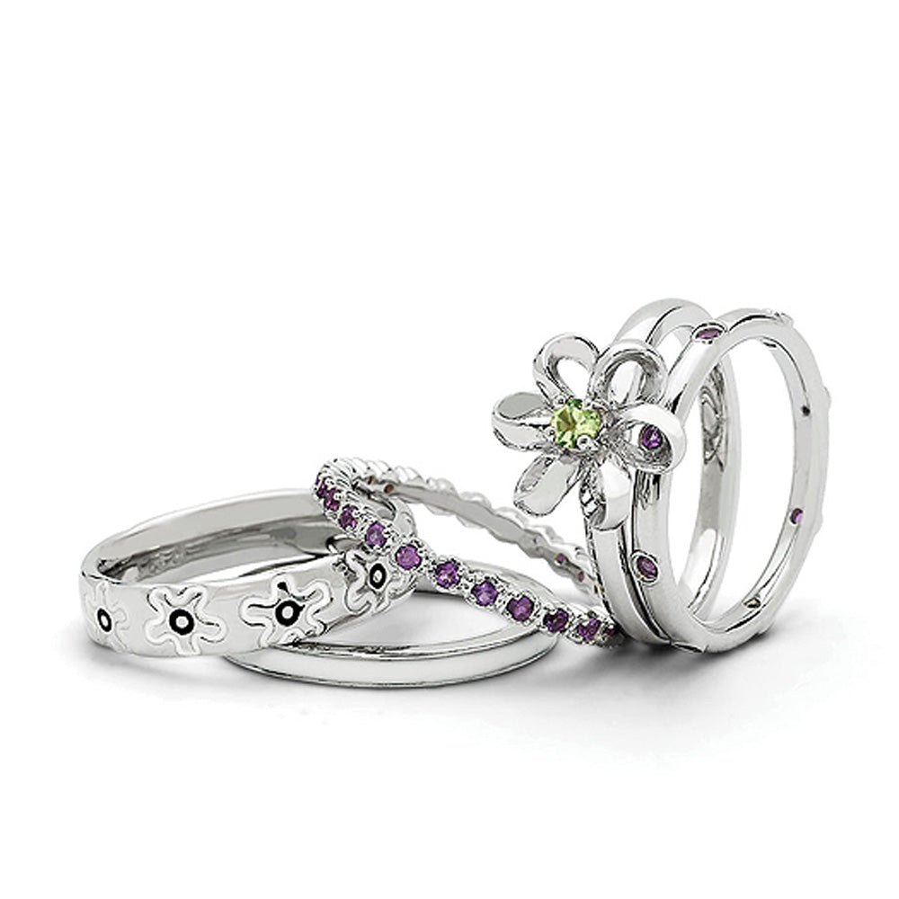 Sterling Silver Peridot &amp; Amethyst Floral Dreams Stackable Ring Set, Item R9633 by The Black Bow Jewelry Co.