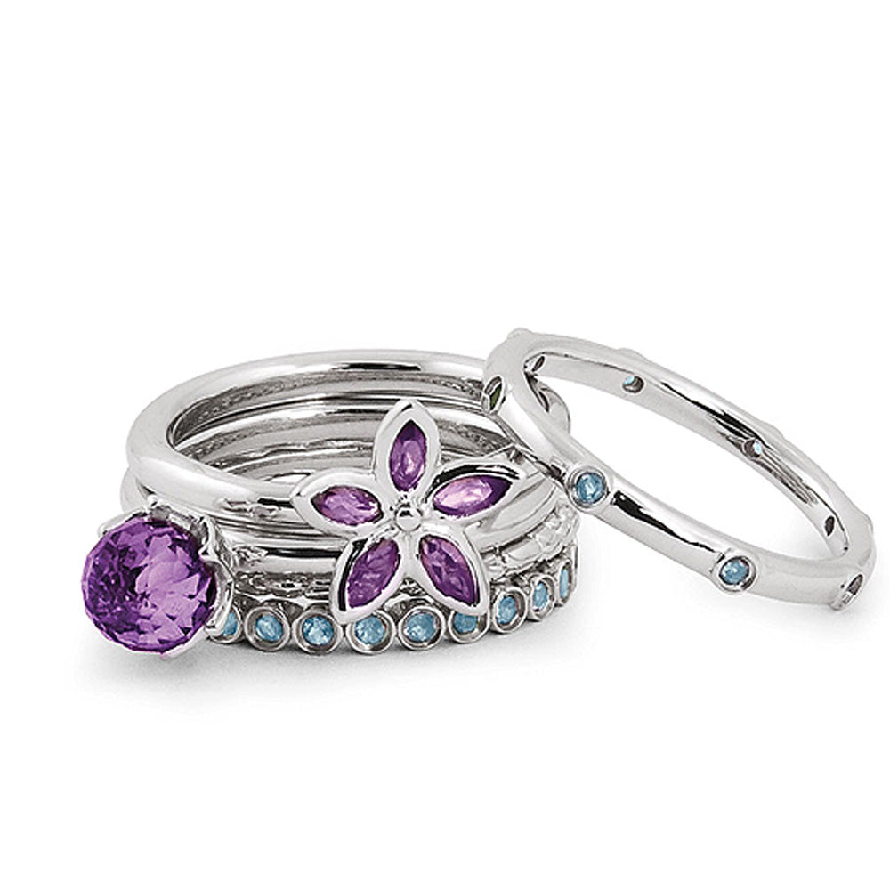 Sterling Silver Stackable Amethyst &amp; Blue Topaz Flower Ring Set, Item R9634 by The Black Bow Jewelry Co.