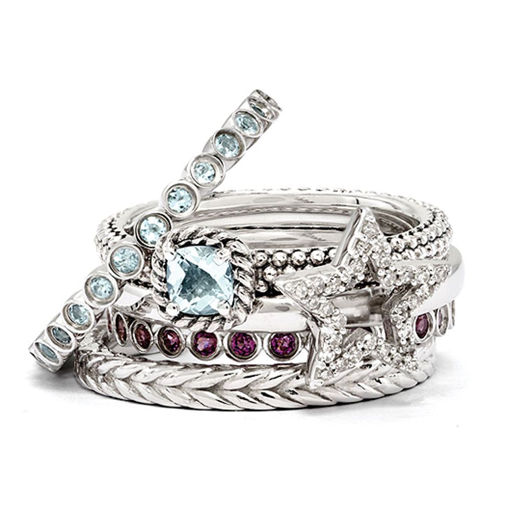 Sterling Silver Stackable Shining Diamond Star &amp; Gemstone Ring Set, Item R9647 by The Black Bow Jewelry Co.