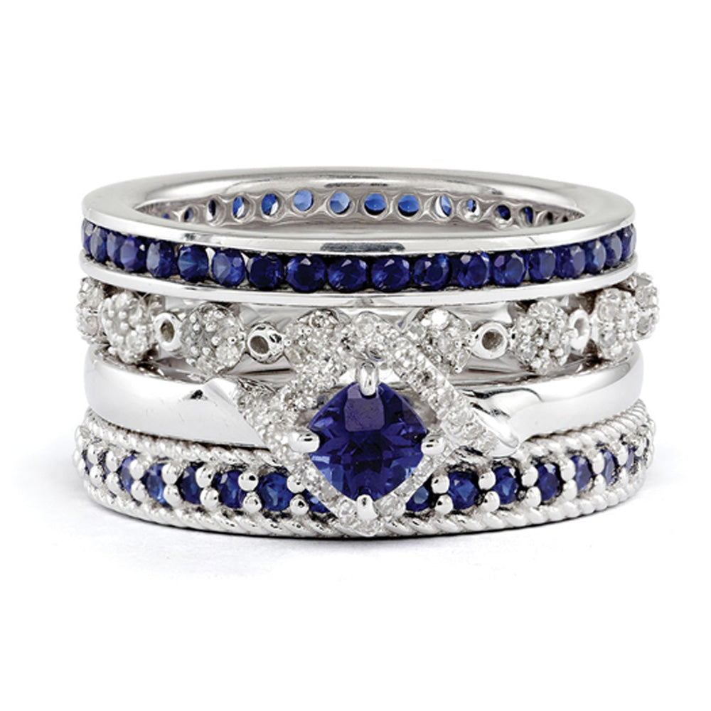 Sterling Silver, Created Sapphire &amp; Diamond Paradise Stack Ring Set, Item R9653 by The Black Bow Jewelry Co.