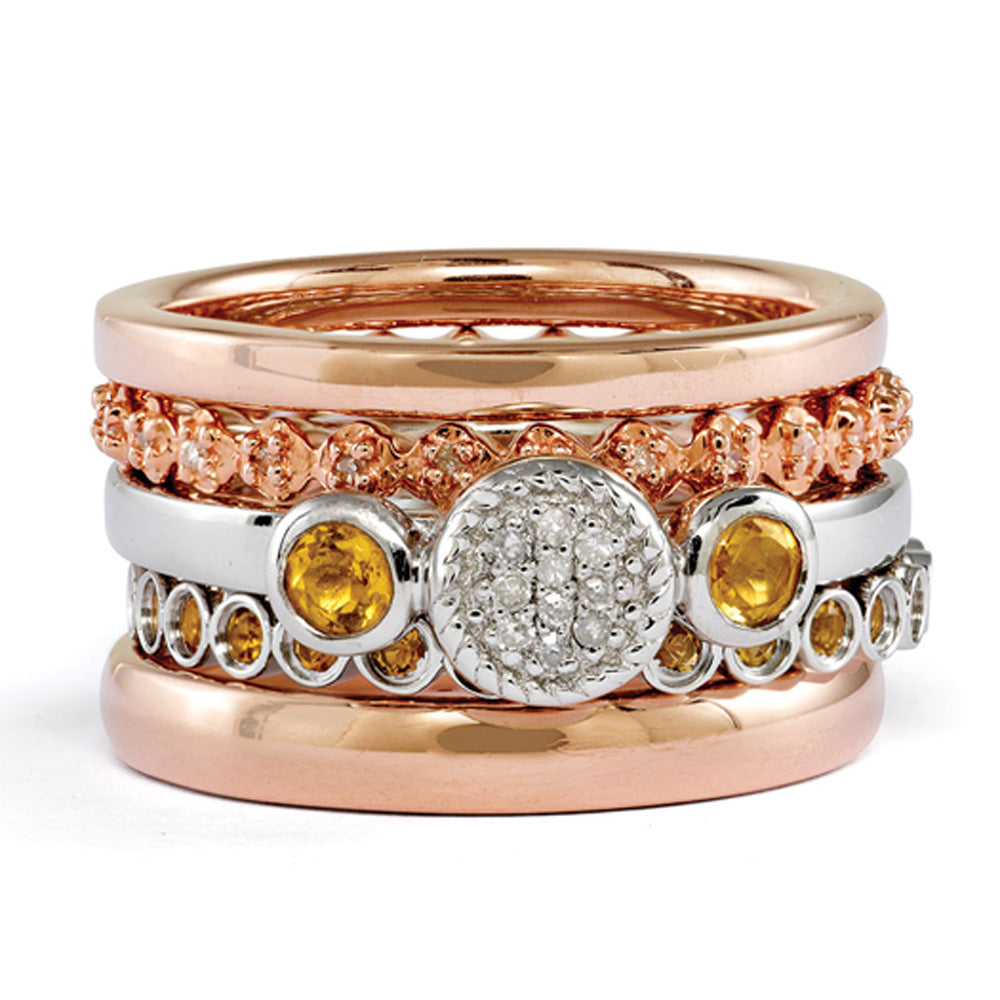14K Rose Gold Plated Silver, Citrine &amp; Diamond Stackable Ring Set, Item R9657 by The Black Bow Jewelry Co.