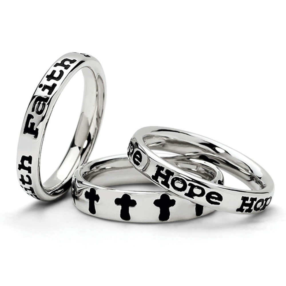 Sterling Silver &amp; Enamel Stackable Faith &amp; Hope Script Band Ring Set, Item R9675 by The Black Bow Jewelry Co.