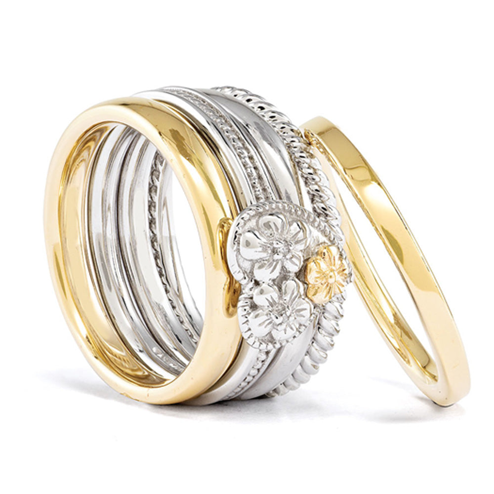Sterling Silver &amp; 14K Gold Plated Diamond Floral Heart Stack Ring Set, Item R9680 by The Black Bow Jewelry Co.