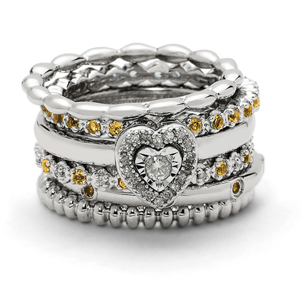 Sterling Silver, Diamond  &amp; Citrine Stackable Heart Ring Set, Item R9693 by The Black Bow Jewelry Co.