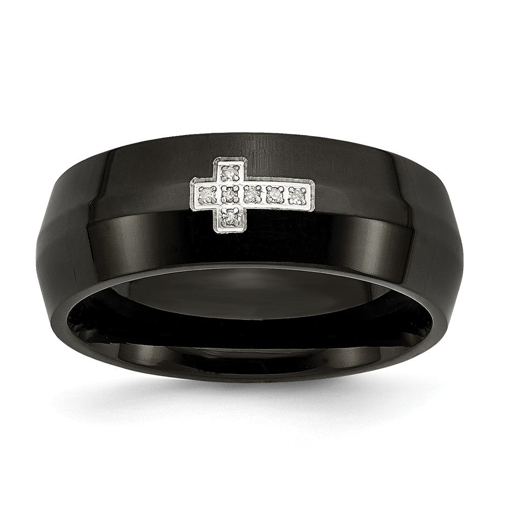 8mm Black Plated Stainless Steel .02Ctw Diamond Cross Comfort Fit Band, Item R9815 by The Black Bow Jewelry Co.