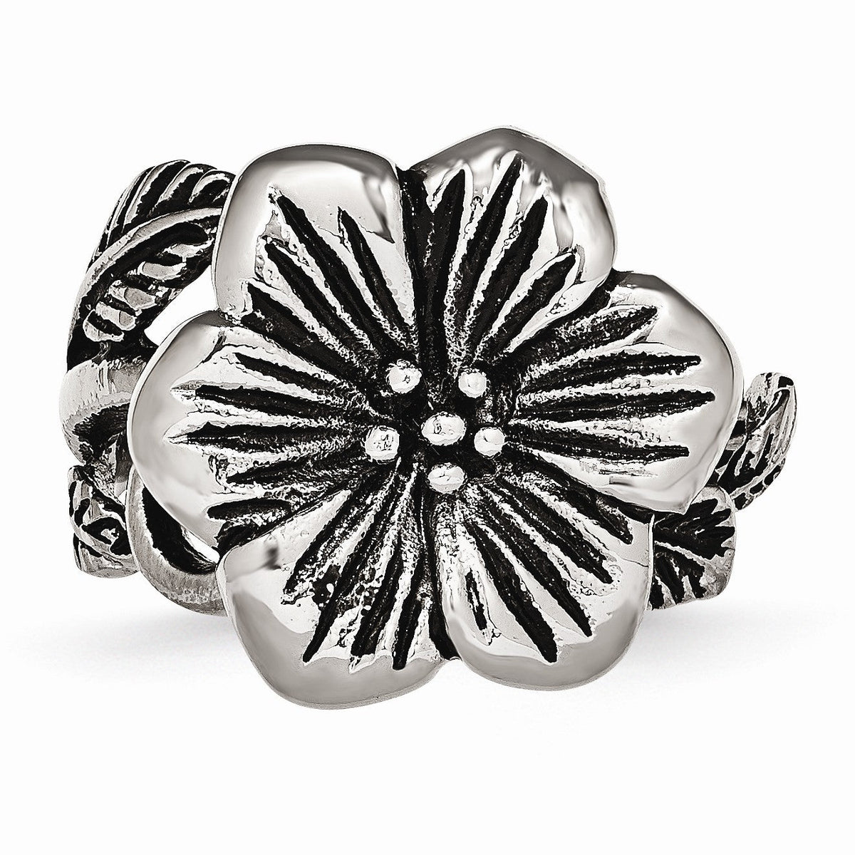 Alternate view of the Stainless Steel Antiqued Floral Ring by The Black Bow Jewelry Co.