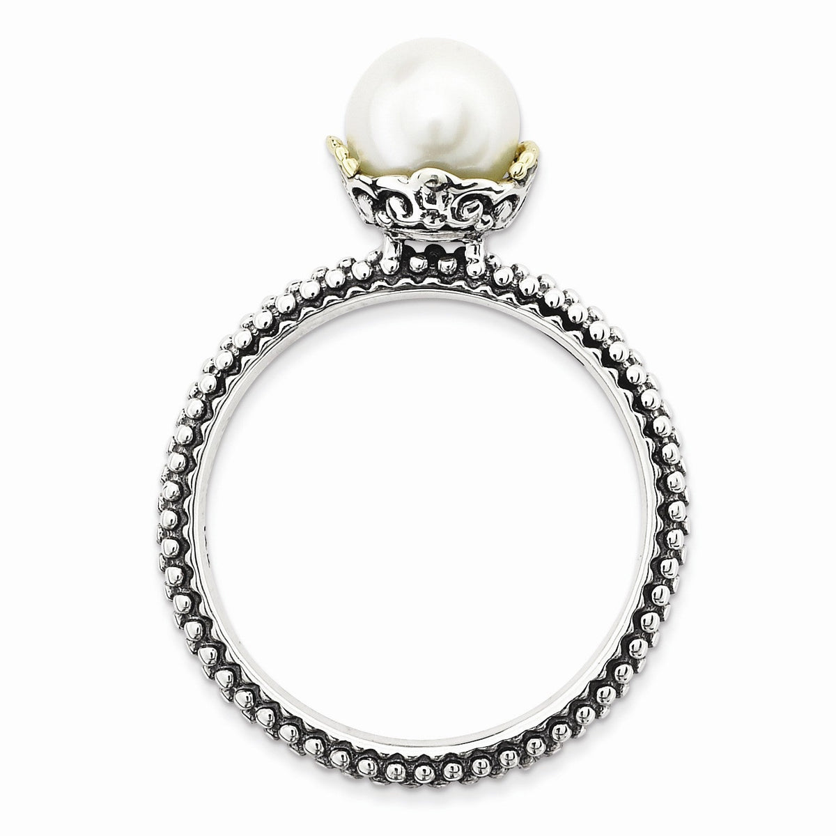 Alternate view of the White FW Cultured Pearl, Sterling Silver &amp; 14k Gold Accent Stack Ring by The Black Bow Jewelry Co.