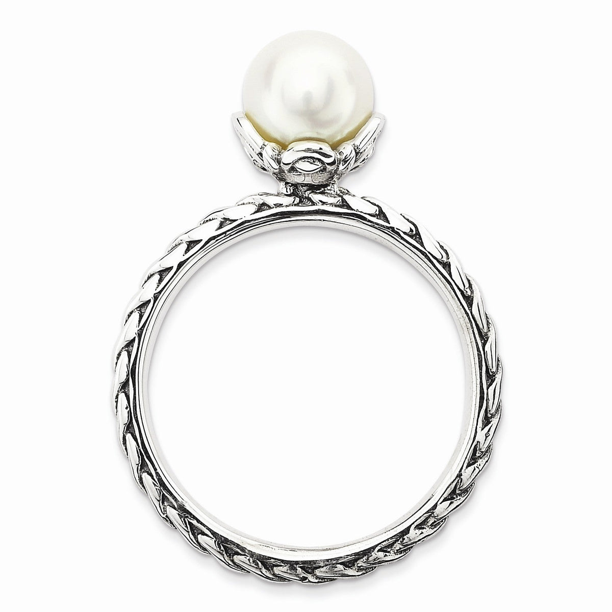 Alternate view of the White FW Cultured Pearl &amp; Sterling Silver Stackable Ring (7.0-7.5mm) by The Black Bow Jewelry Co.